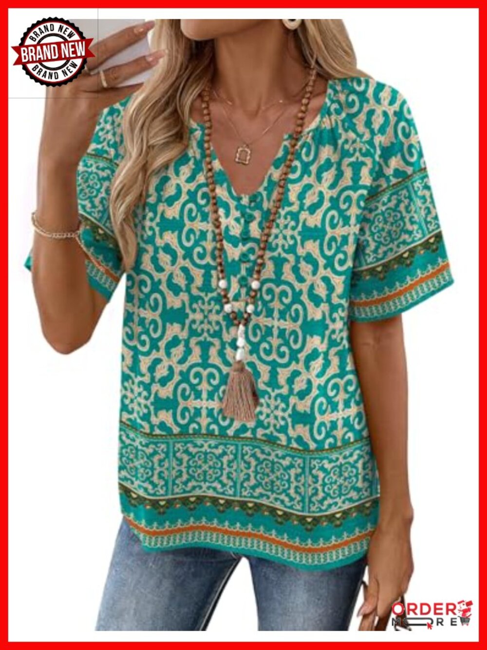Women's Boho Button Down Blouse Short Sleeve V-Neck Cotton Blend